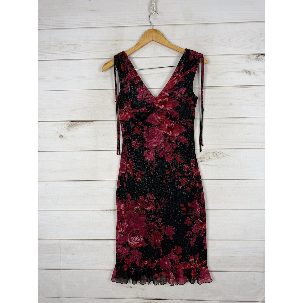 VTG La Belle Dress Womens Medium Black Floral Ruffle Goth Fairycore Glitter USA